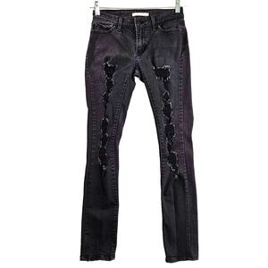 Levi's 711 Jeans Women Size 26 Black Skinny Ripped Low Rise Distressed Bikercore